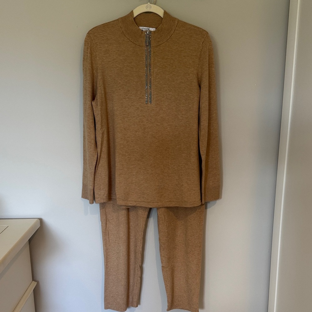 Chico's Tan Sweater Knit Half Zip Top & Drawstring Pants Set Size 2 10/12